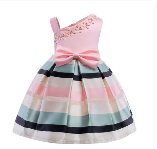 Baby Girl Floral Patched Pattern Striped Tutu Princess Dress One Shoulder Dress